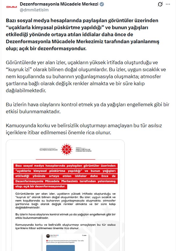 DMM: Uçaklarla Kimyasal Püskürtme İddiaları Dezenformasyon