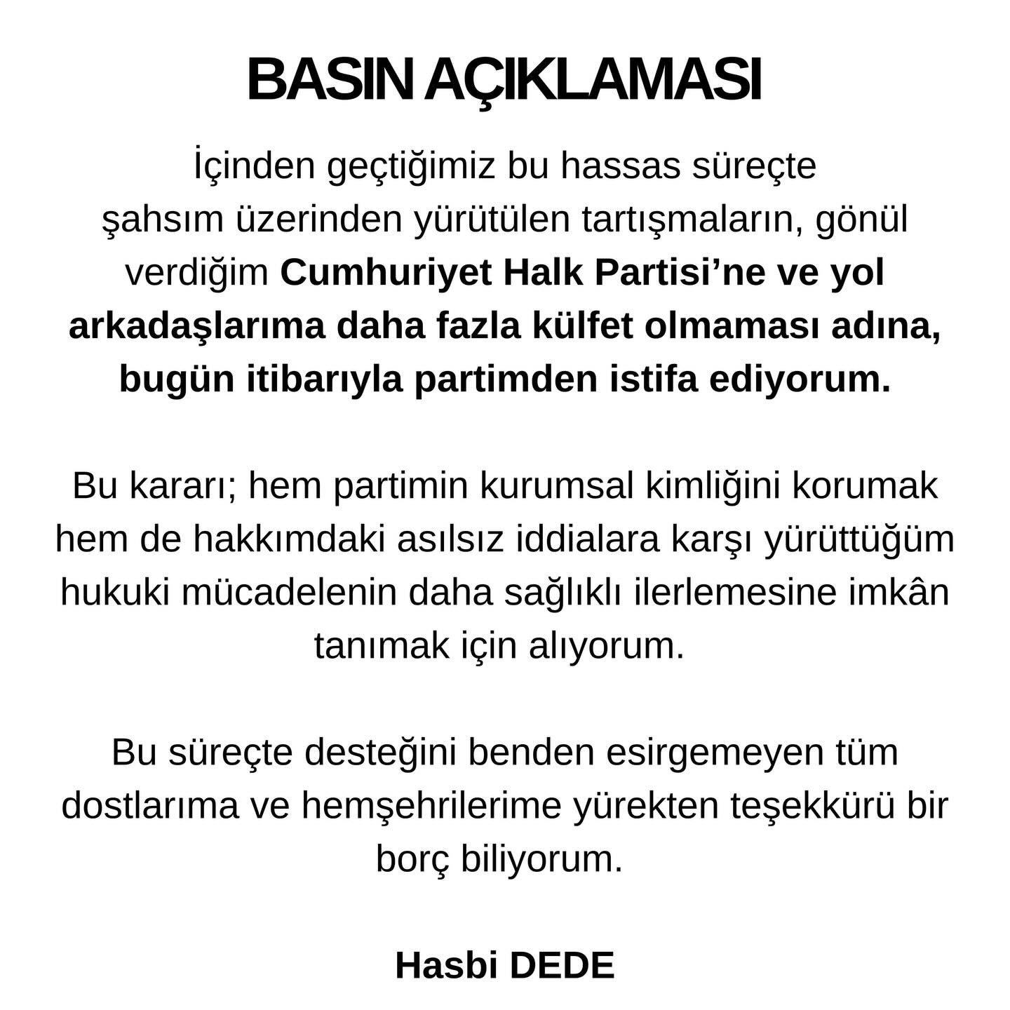 CHP'den İhraç Edilen Hasbi Dede, İstifasını Duyurdu