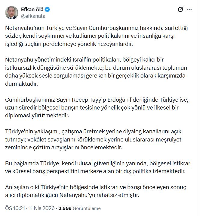 Efkan Ala'dan Netanyahu'ya Sert Yanıt