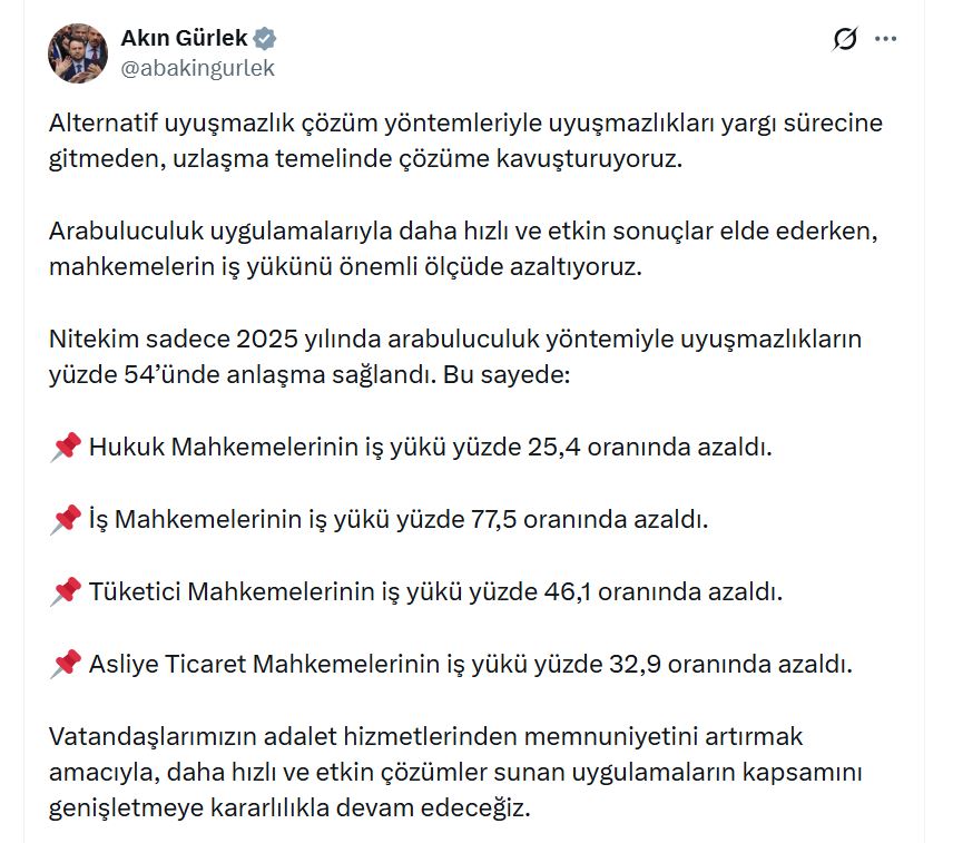 Bakan Gürlek: Arabuluculuk ile Anlaşmaların Yüzde 54'ü Sağlandı