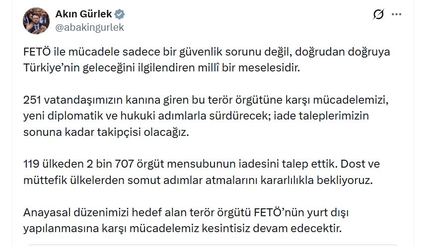 Bakan Gürlek: 2.707 FETÖ Mensubunun İadesini Talep Ettik