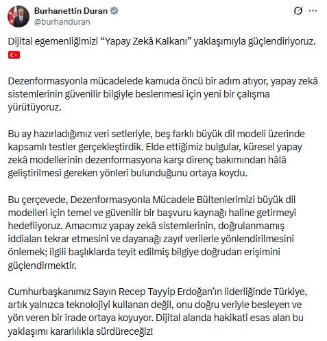 İletişim Başkanı Burhanettin Duran'dan Yapay Zeka Açıklaması