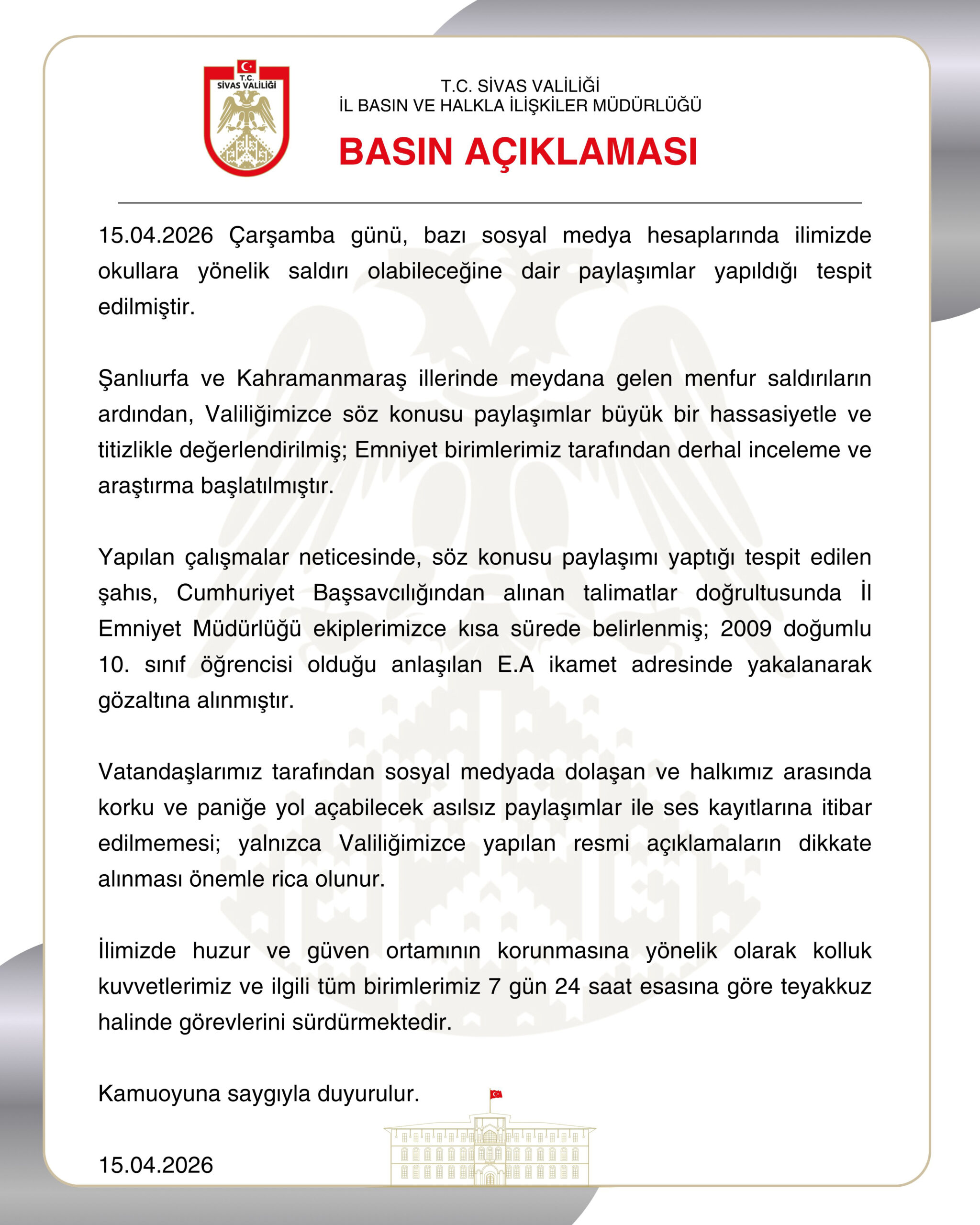Sivas'ta Okullar Hedef Alındı: Bir öğrenci gözaltına alındı
