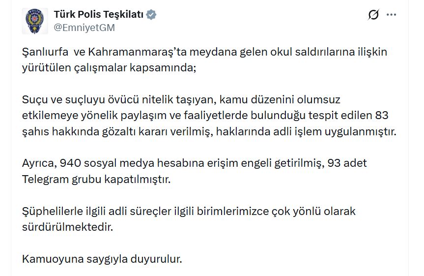 EGM'den Okul Saldırılarına Yanıt: 83 Kişi Gözaltında