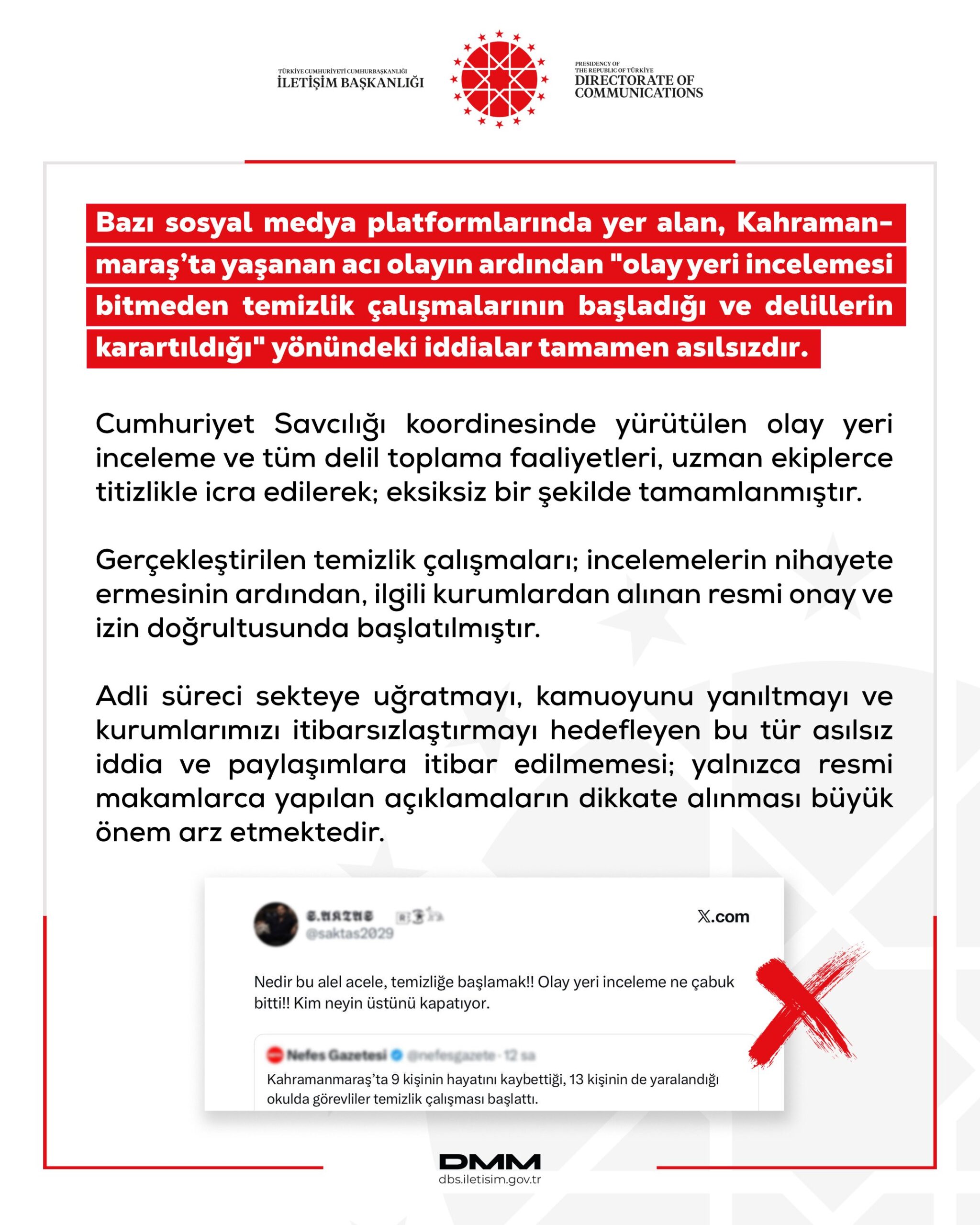 DMM'den Kahramanmaraş Olayı Açıklaması: Temizlik Çalışmaları İddiası Asılsız
