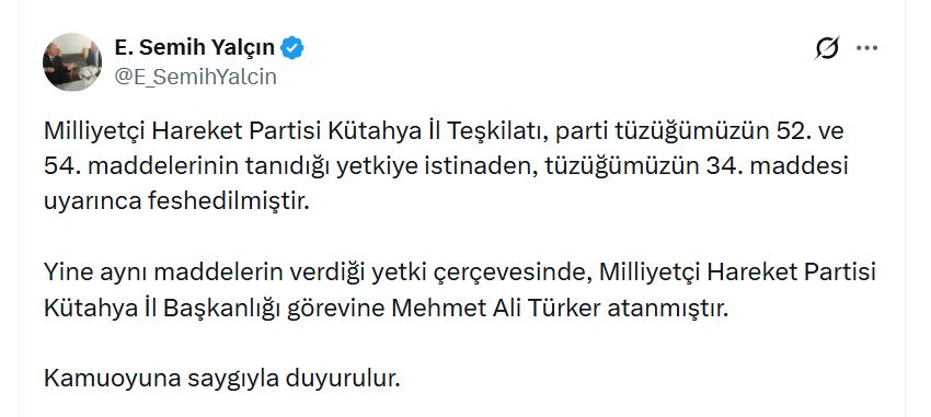 MHP Kütahya İl Teşkilatı Feshedildi, Mehmet Ali Türker Atandı