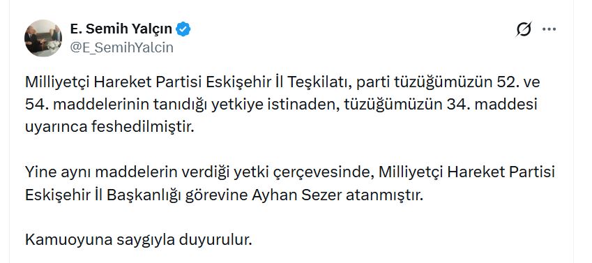 MHP'de Eskişehir İl Teşkilatı Feshedildi, Yeni Başkan Atandı