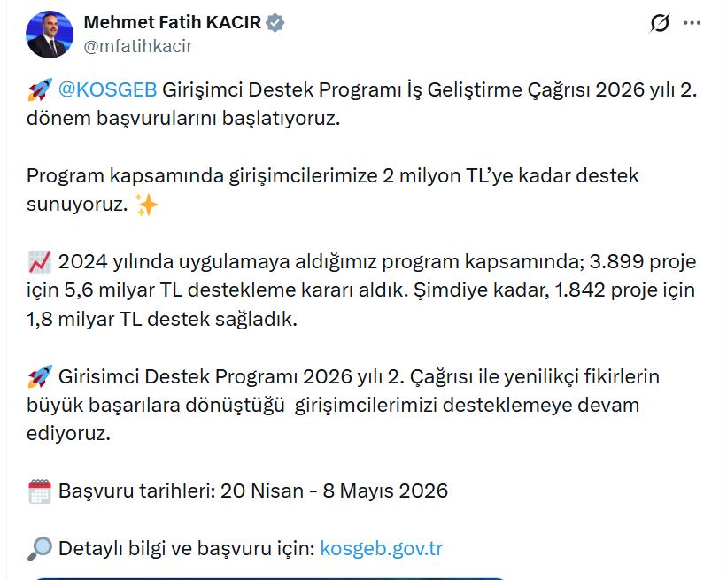 Bakan Kacır'dan Girişimcilere 2 Milyon TL Destek Müjdesi