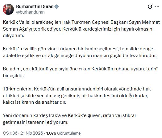 İletişim Başkanı Duran'dan Kerkük Valisi Mehmet Seman Ağa'ya Tebrik Mesajı