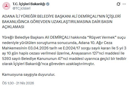 Yüreğir Belediye Başkanı Ali Demirçalı Görevden Uzaklaştırıldı