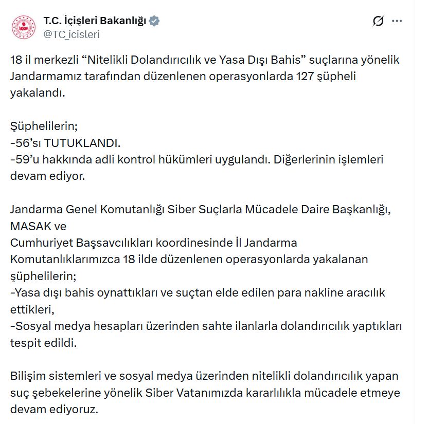 18 İlde Nitelikli Dolandırıcılık ve Yasa Dışı Bahis Operasyonu: 56 Şüpheli Tutuklandı