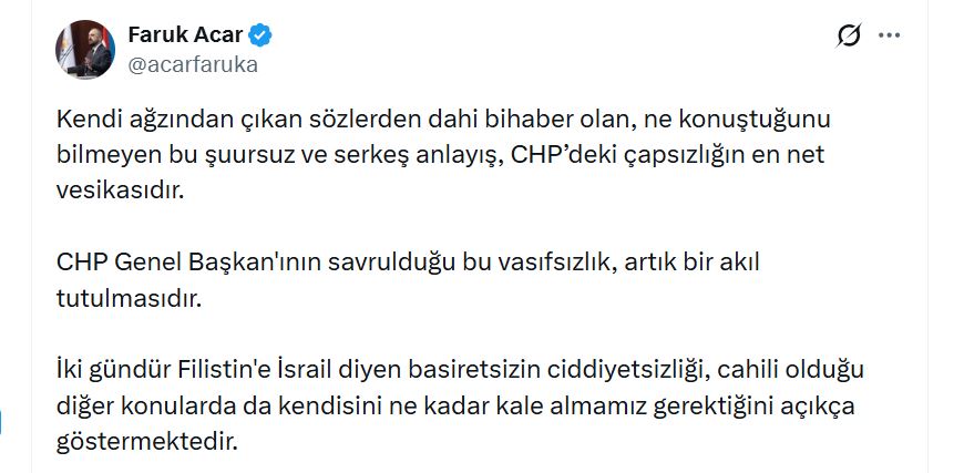 AK Parti'li Acar: CHP Genel Başkanı'nın Sözleri Akıl Tutulması