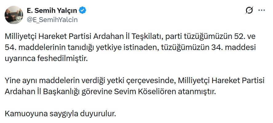 MHP Ardahan İl Teşkilatı Feshedildi