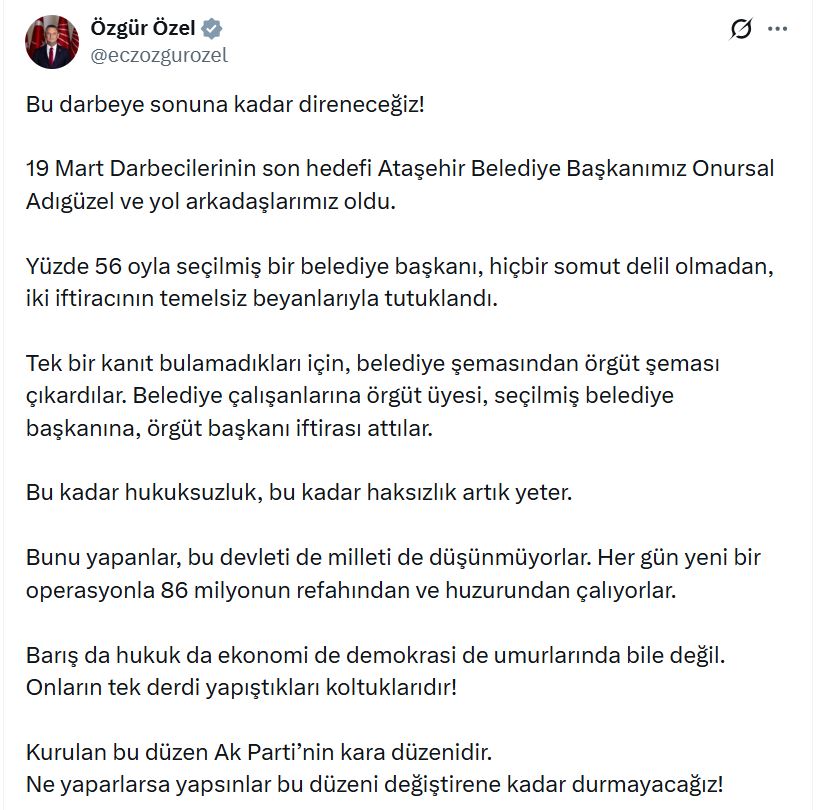 CHP'den Ataşehir Belediye Başkanı Tutuklamasına Sert Tepki: 'Bu Düzeni Değiştirene Kadar Durmayacağız'