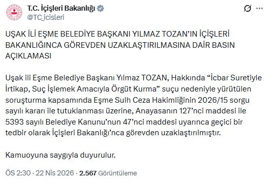 Eşme Belediye Başkanı Yılmaz Tozan Görevden Uzaklaştırıldı