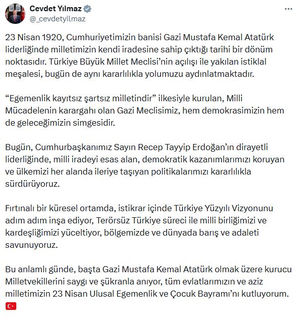 Cevdet Yılmaz'dan 23 Nisan Mesajı: 'Egemenlik Kayıtsız Şartsız Milletindir'