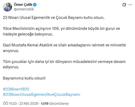 AK Parti'li Çelik'ten 23 Nisan Mesajı: Egemenlik ve Çocuk Bayramı Kutlu Olsun