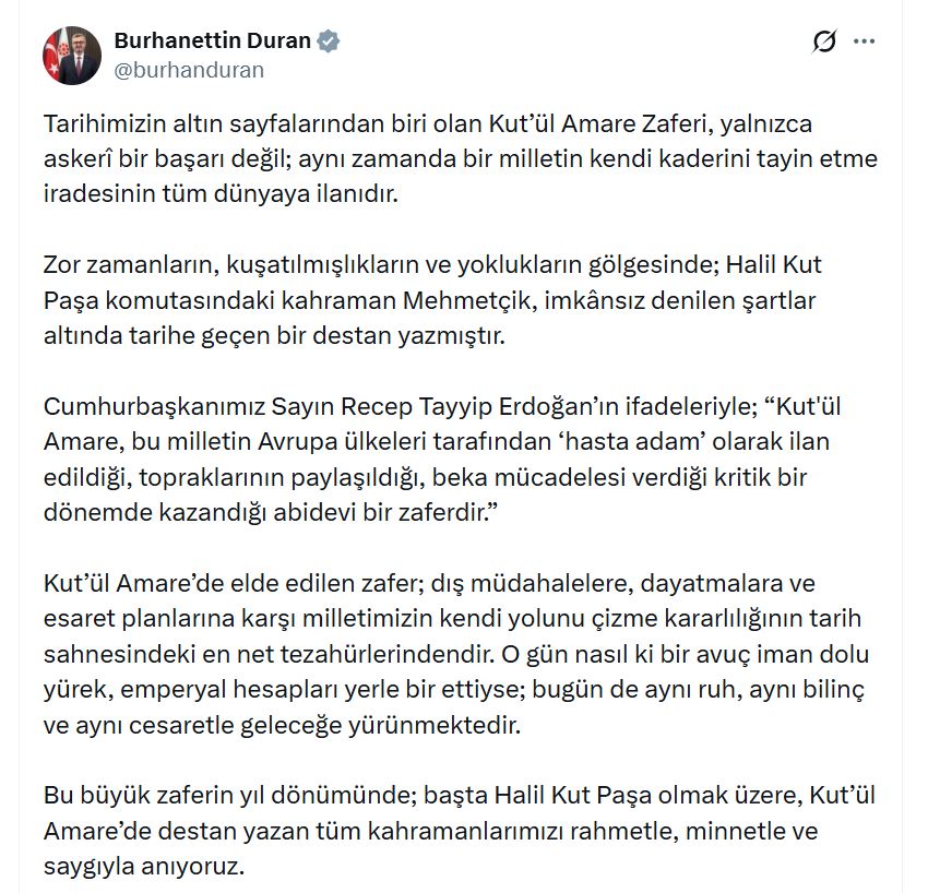 İletişim Başkanı Duran'dan Kut'ül Amare Zaferi Vurgusu: 'Milletin Kaderini Tayin İradesinin İlanı'
