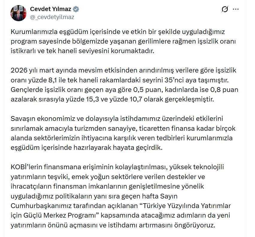 Cevdet Yılmaz'dan Umut Veren Açıklama: İşsizlik Tek Hanede, Hedef Toplumsal Refahı Artırmak