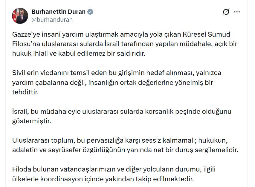 İletişim Başkanı Duran'dan Sert Tepki: İsrail'in Sumud Filosu Müdahalesi Hukuk İhlali