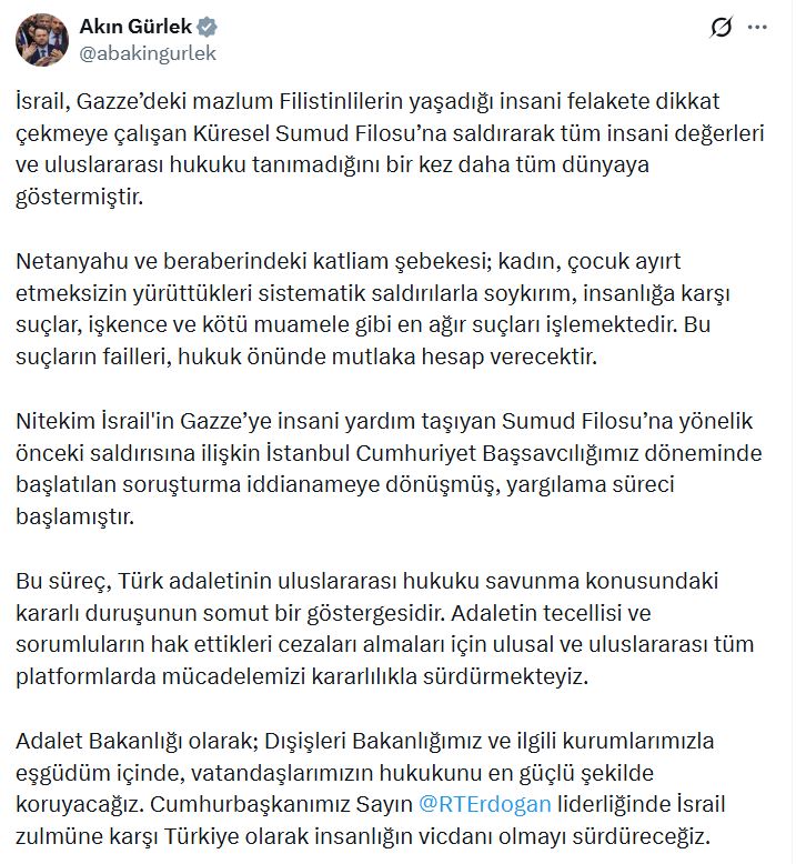 Adalet Bakanı Gürlek'ten Sert Tepki: İsrail Hukuk Tanımadığını Bir Kez Daha Kanıtladı