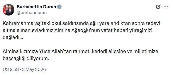İletişim Başkanı Duran'dan Kahramanmaraş'ta Vefat Eden Almina İçin Duygusal Başsağlığı Mesajı