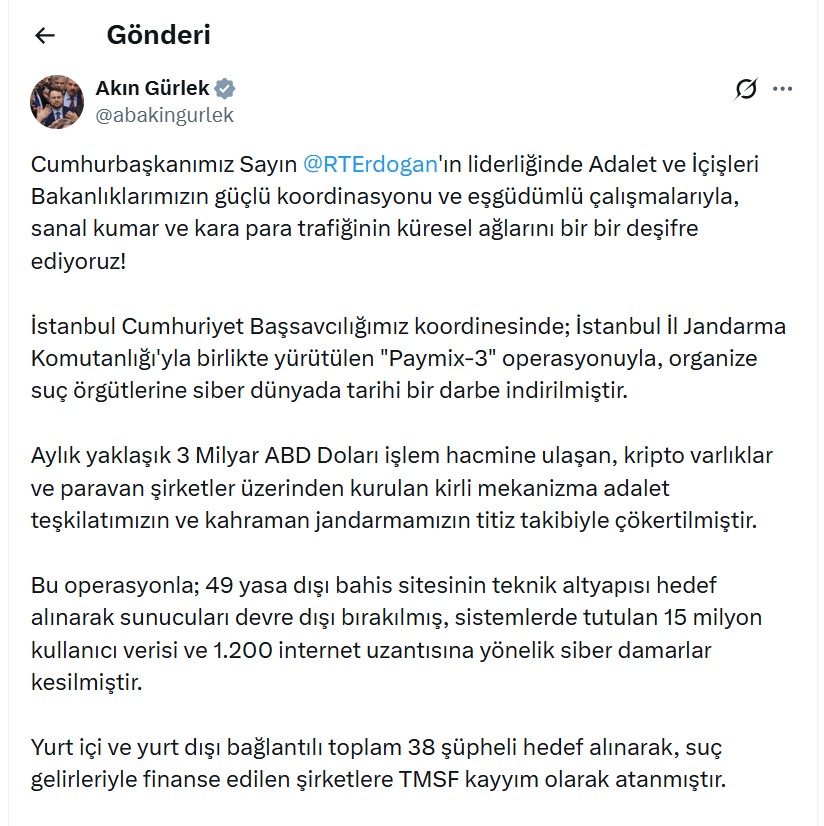 Adalet Bakanı Gürlek'ten Müjde: 'Paymix-3' Operasyonuyla Suç Örgütlerine Tarihi Darbe!