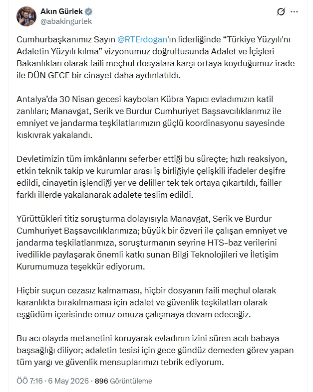 Adalet Bakanı Gürlek Duyurdu: Kübra Yapıcı Cinayetinin Katil Zanlıları Yakalandı!